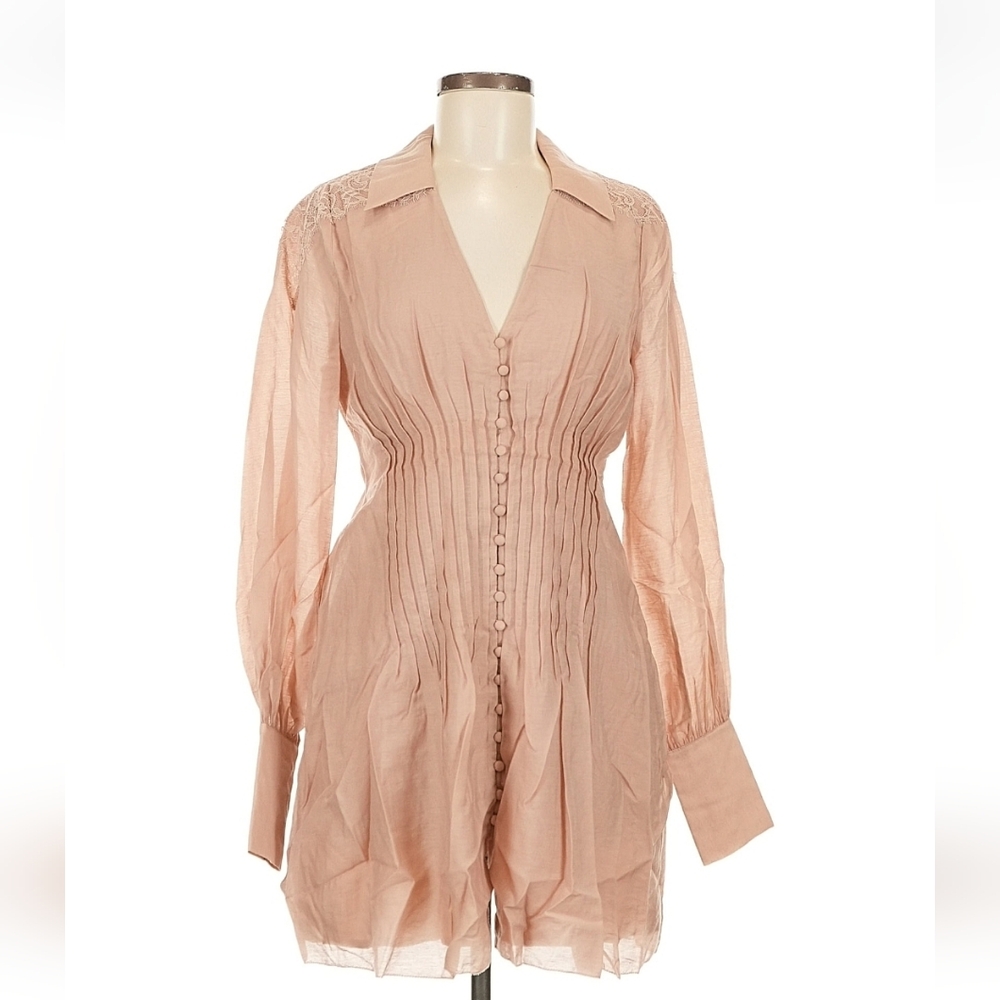 Ladaire Kelly Pleated Mini Dress with Lace, Nude Beige, Size M
